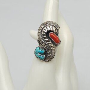 Vintage Navajo Sterling Silver Ring With Turquoise Coral Stone Inlay Size 7